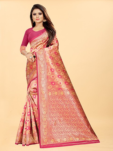 

Hinayat Women Fashion Pink & Gold-Toned Woven Design Zari Silk Blend Banarasi Saree