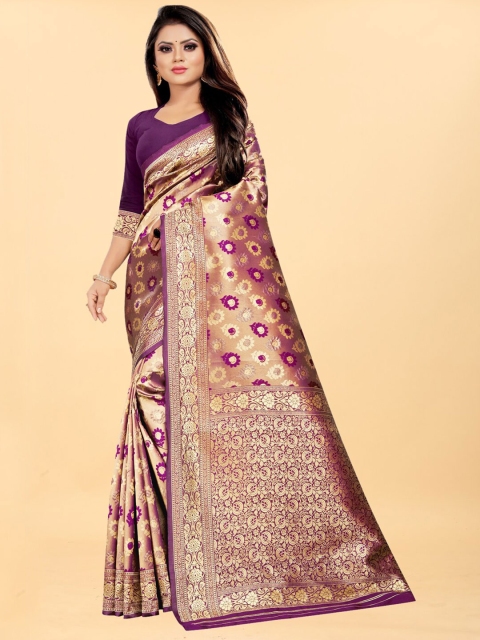

Hinayat Fashion Purple & Gold-Toned Woven Design Zari Silk Blend Banarasi Saree