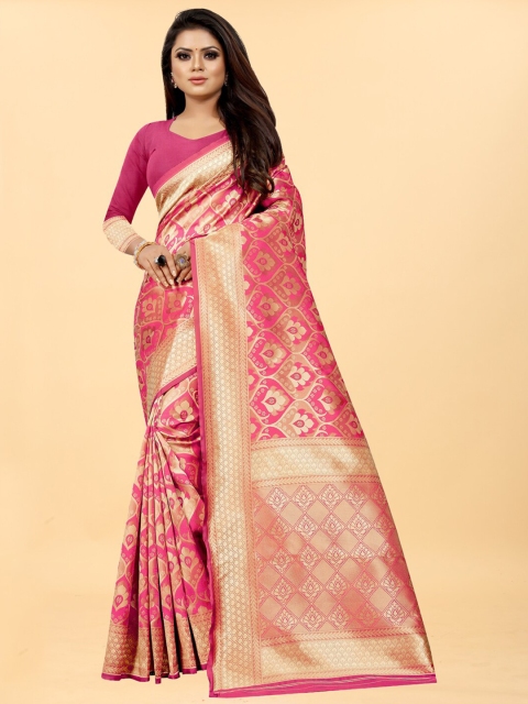 

Hinayat Fashion Pink Floral Zari Silk Blend Banarasi Saree