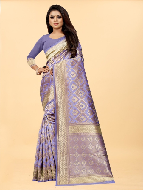 

Hinayat Fashion Lavender & Gold-Toned Woven Design Zari Silk Blend Banarasi Saree