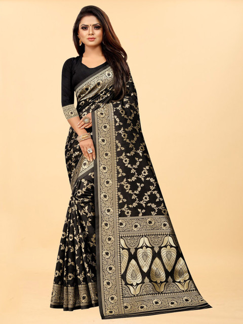 

Hinayat Fashion Black & Gold-Toned Floral Zari Silk Blend Banarasi Saree