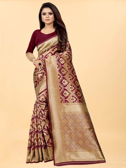 

Hinayat Fashion Maroon & Gold-Toned Woven Design Zari Silk Blend Banarasi Saree