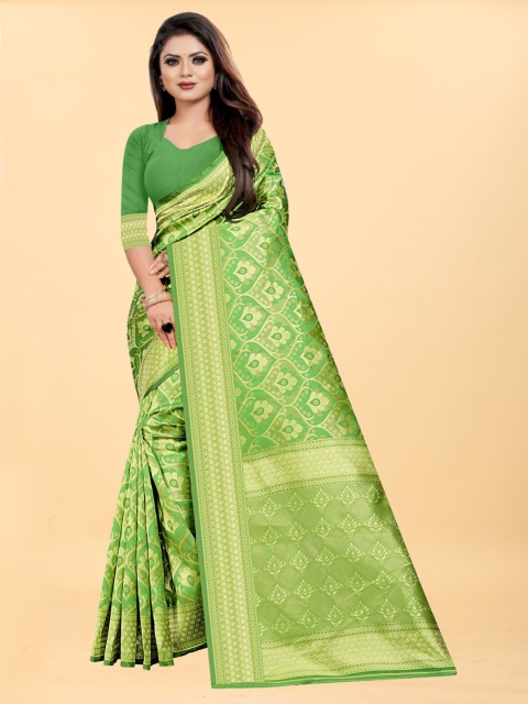 

Hinayat Fashion Green & Gold-Toned Woven Design Zari Silk Blend Banarasi Saree