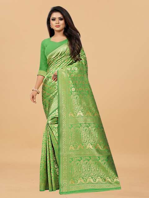 

Hinayat Fashion Green & Gold-Toned Woven Design Zari Silk Blend Banarasi Saree