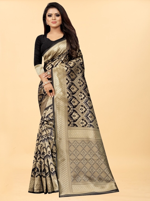 

Hinayat Fashion Black & Gold-Toned Woven Design Zari Silk Blend Banarasi Saree