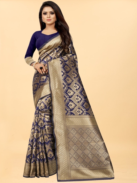

Hinayat Fashion Blue & Gold-Toned Woven Design Zari Silk Blend Banarasi Saree
