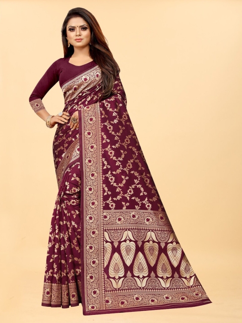 

Hinayat Fashion Maroon & Gold-Toned Woven Design Zari Silk Blend Banarasi Saree