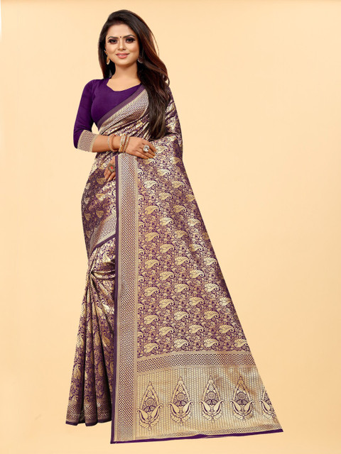 

Hinayat Fashion Purple & Gold-Toned Woven Design Zari Silk Blend Banarasi Saree