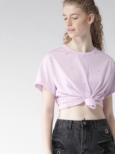 

FOREVER 21 Women Lavender Solid Round Neck Cut-Out Detail T-shirt