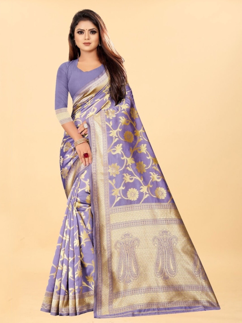 

Hinayat Fashion Lavender & Gold-Toned Woven Design Zari Silk Blend Banarasi Saree