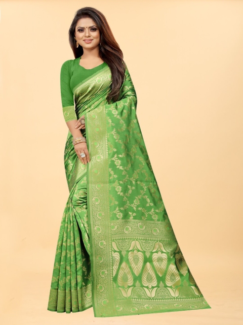 

Hinayat Fashion Green & Gold-Toned Woven Design Zari Silk Blend Banarasi Saree