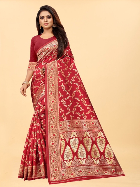 

Hinayat Fashion Red & Gold-Toned Woven Design Zari Silk Blend Banarasi Saree