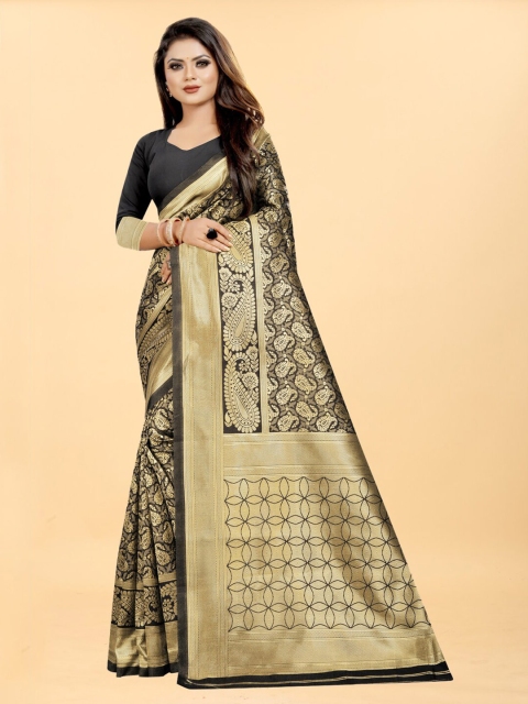 

Hinayat Fashion Black & Gold-Toned Woven Design Zari Silk Blend Banarasi Saree