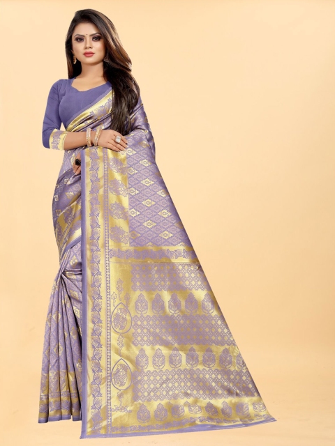 

Hinayat Fashion Lavender & Gold-Toned Woven Design Zari Silk Blend Banarasi Saree
