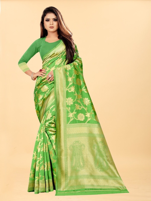

Hinayat Fashion Green & Gold-Toned Woven Design Zari Silk Blend Banarasi Saree