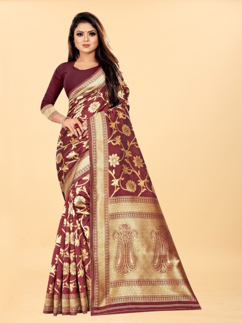 

Hinayat Fashion Maroon & Gold-Toned Woven Design Zari Silk Blend Banarasi Saree