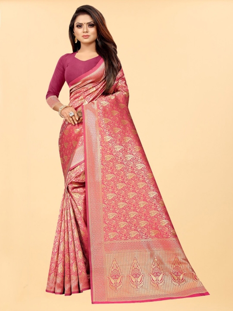 

Hinayat Fashion Pink & Gold-Toned Woven Design Zari Silk Blend Banarasi Saree