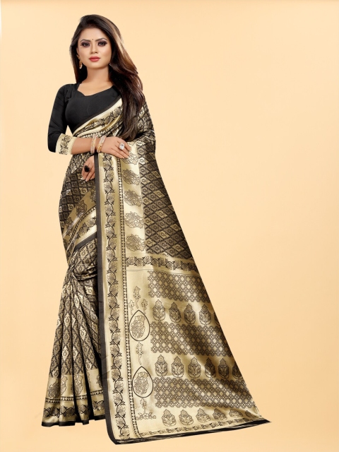 

Hinayat Fashion Black & Gold-Toned Woven Design Zari Silk Blend Banarasi Saree
