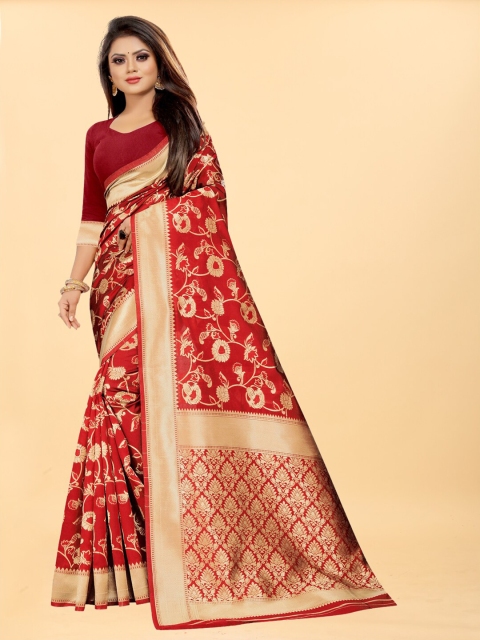 

Hinayat Fashion Red & Gold-Toned Woven Design Zari Silk Blend Banarasi Saree