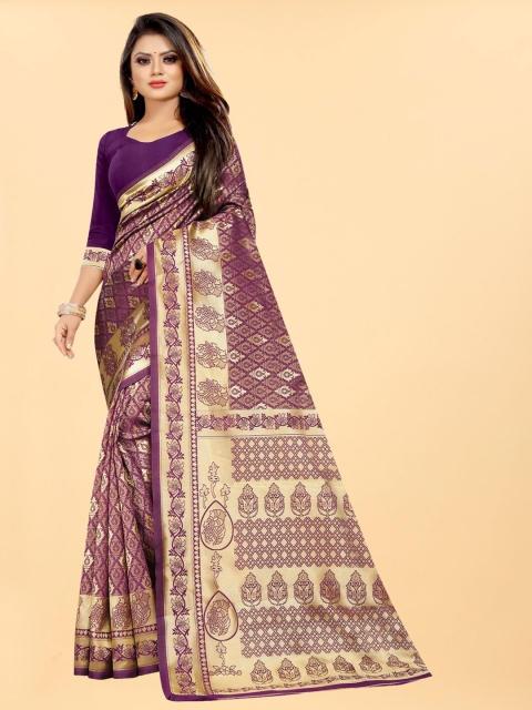 

Hinayat Fashion Purple Ethnic Motifs Zari Silk Blend Banarasi Saree