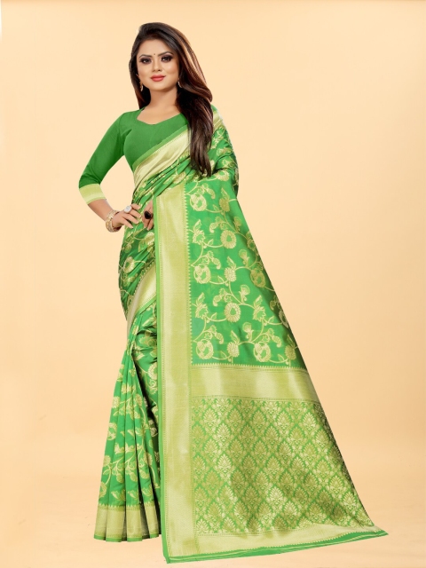 

Hinayat Fashion Green & Gold-Toned Woven Design Zari Silk Blend Banarasi Saree