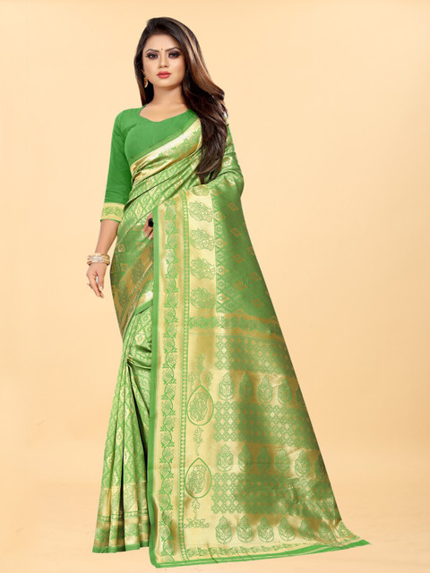 

Hinayat Fashion Green & Gold-Toned Woven Design Zari Silk Blend Banarasi Saree