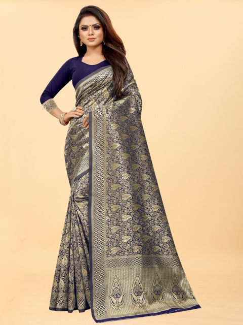 

Hinayat Fashion Blue & Gold-Toned Woven Design Zari Silk Blend Banarasi Saree