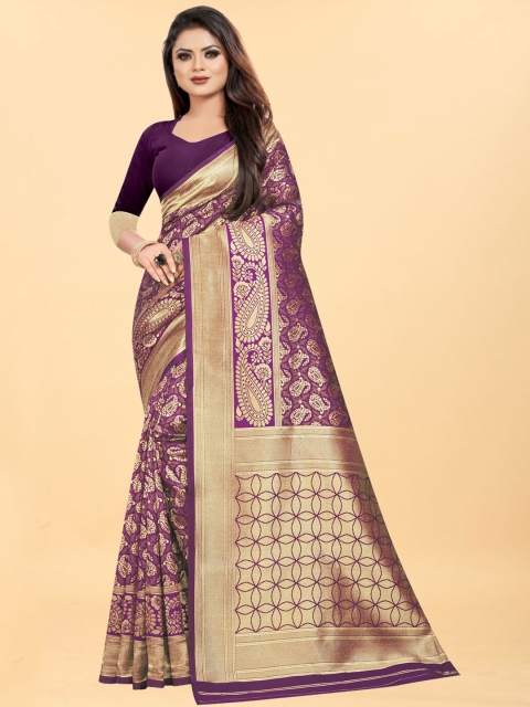 

Hinayat Fashion Purple & Gold-Toned Woven Design Zari Silk Blend Banarasi Saree