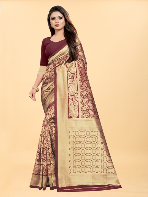 

Hinayat Fashion Maroon & Gold-Toned Woven Design Zari Silk Blend Banarasi Saree