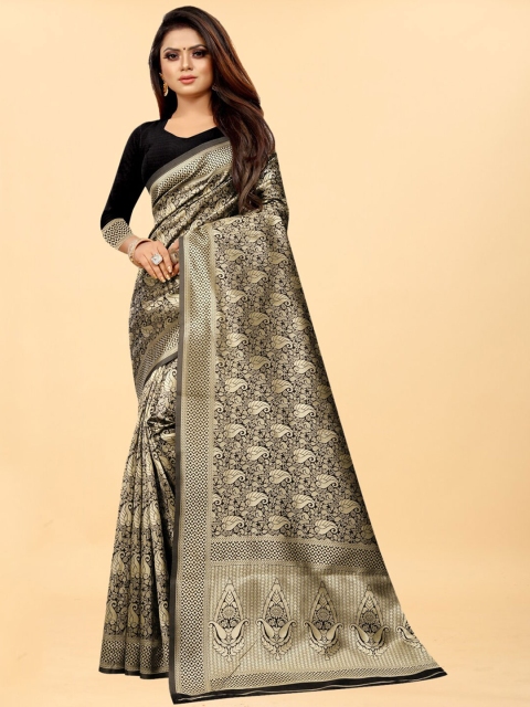 

Hinayat Fashion Black & Gold-Toned Woven Design Zari Silk Blend Banarasi Saree