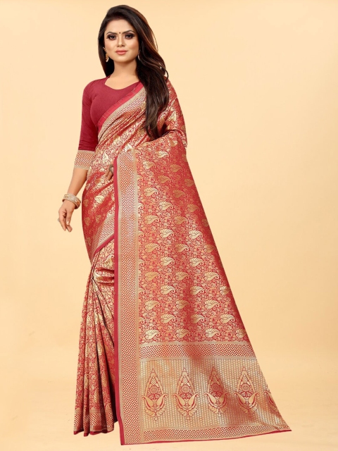 

Hinayat Fashion Red & Gold-Toned Woven Design Zari Silk Blend Banarasi Saree