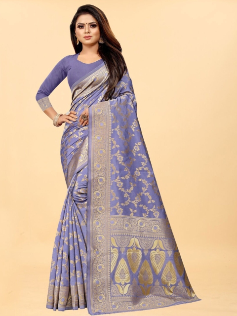 

Hinayat Fashion Lavender & Grey Woven Design Zari Silk Blend Banarasi Saree