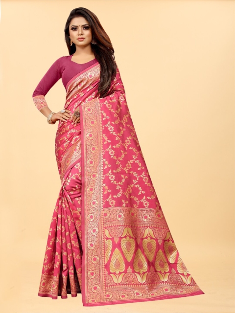 

Hinayat Fashion Pink & Gold-Toned Woven Design Zari Silk Blend Banarasi Saree