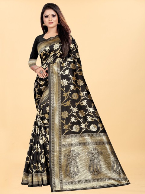 

Hinayat Fashion Black & Gold-Toned Woven Design Zari Silk Blend Banarasi Saree
