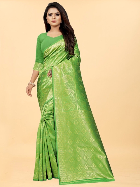 

Hinayat Fashion Green & Gold-Toned Woven Design Zari Silk Blend Banarasi Saree