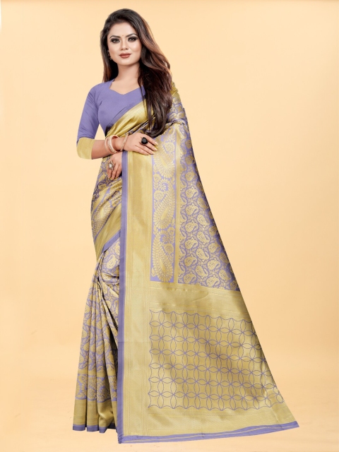 

Hinayat Fashion Lavender & Gold-Toned Woven Design Zari Silk Blend Banarasi Saree