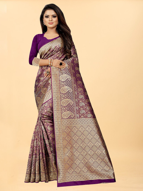 

Hinayat Fashion Purple & Gold-Toned Woven Design Zari Silk Blend Banarasi Saree