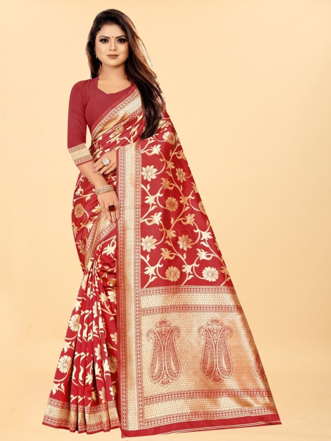 

Hinayat Fashion Red & Gold-Toned Woven Design Zari Silk Blend Banarasi Saree