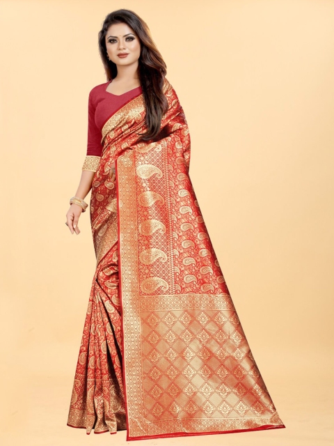 

Hinayat Fashion Red & Gold-Toned Woven Design Zari Silk Blend Banarasi Saree