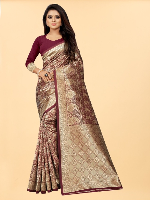 

Hinayat Fashion Maroon & Gold-Toned Woven Design Zari Silk Blend Banarasi Saree