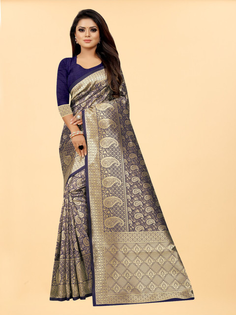 

Hinayat Fashion Blue & Grey Woven Design Zari Silk Blend Banarasi Saree