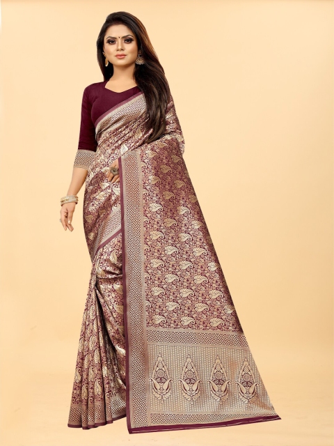 

Hinayat Fashion Maroon & Gold-Toned Woven Design Zari Silk Blend Banarasi Saree