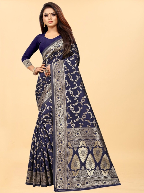 

Hinayat Fashion Blue & Gold-Toned Woven Design Zari Silk Blend Banarasi Saree