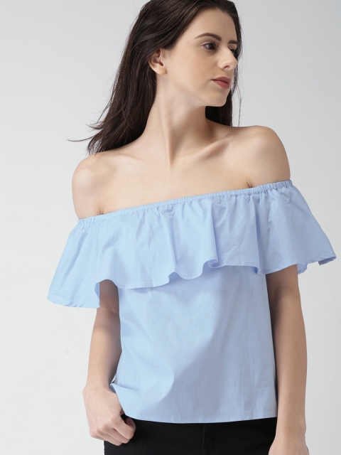 

FOREVER 21 Women Blue Solid Bardot Top