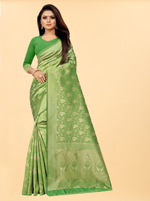 

Hinayat Fashion Green & Gold-Toned Woven Design Zari Silk Blend Banarasi Saree