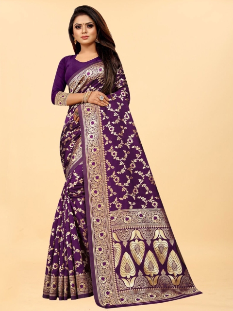 

Hinayat Fashion Purple & Gold-Toned Woven Design Zari Silk Blend Banarasi Saree