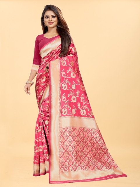 

Hinayat Fashion Pink & Gold-Toned Woven Design Zari Silk Blend Banarasi Saree