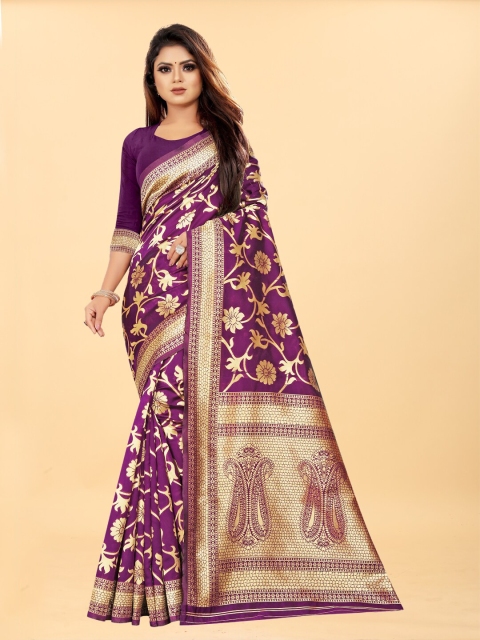 

Hinayat Fashion Purple & Gold-Toned Woven Design Zari Silk Blend Banarasi Saree