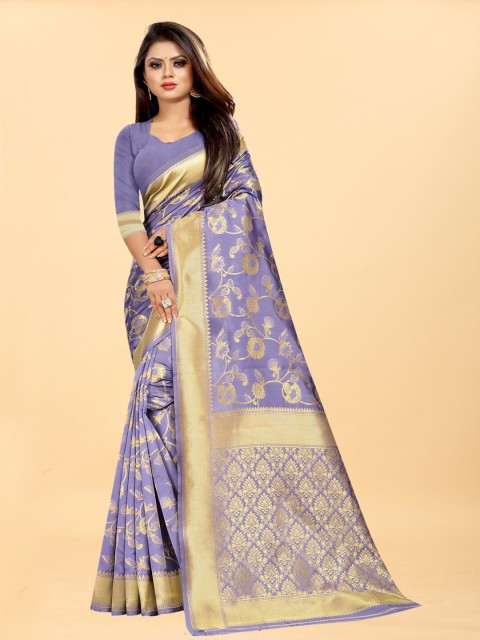 

Hinayat Fashion Lavender & Gold-Toned Woven Design Zari Silk Blend Banarasi Saree