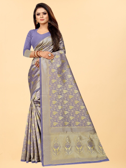 

Hinayat Fashion Lavender & Gold-Toned Woven Design Zari Silk Blend Banarasi Saree